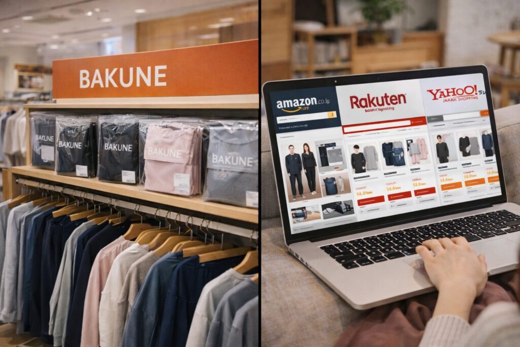 実店舗とネットショッピングをしている風景